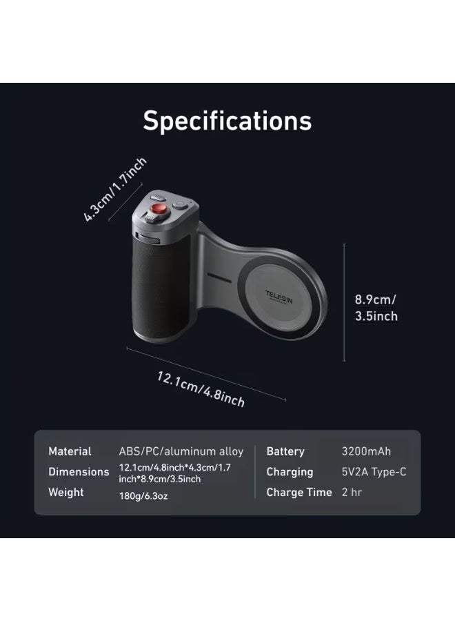 تيليسن TELESIN Magnetic Pro Shot Imaging Camera Grip لهاتف iPhone 17 Pro / 17 Pro Max – قبضة تصوير مغناطيسية احترافية مع شحن لاسلكي Qi باور بانك، تحكم عن بعد بالزوم والتصوير، كفر تبريد جرافين وحزام يد للفلوغ والبث المباشر - Image 2